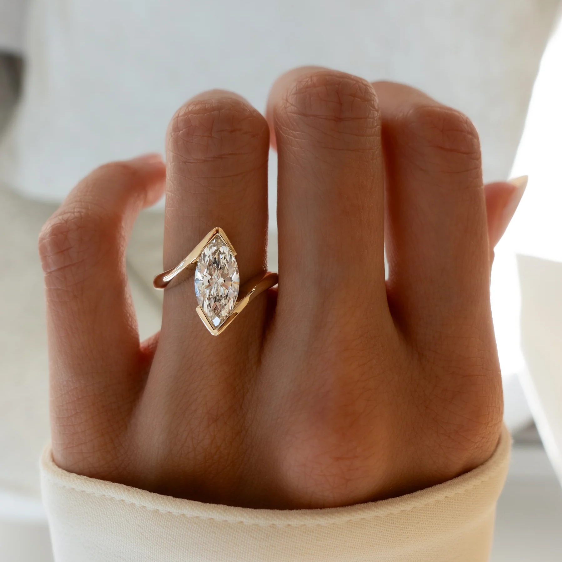 Modern Marquise Cut Bezel Bypass Ring | Lab Grown Diamond | 14K Yellow Gold