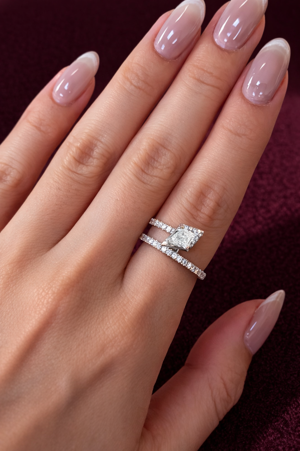 Kite Shape Lab Grown Diamond Engagement Ring, Kite Diamond Halo Ring, Geometric Diamond Bypass Ring, Unique Modern Proposal Ring, Gift Her