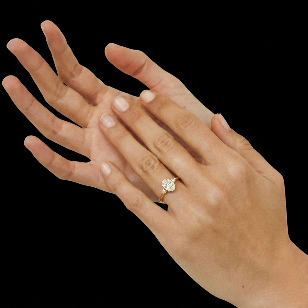 Oval Lab Grown Diamond Engagement Ring, Bezel Set Oval Ring with Round Side Stones, 14K Yellow Gold, IGI Certified Diamond Ring