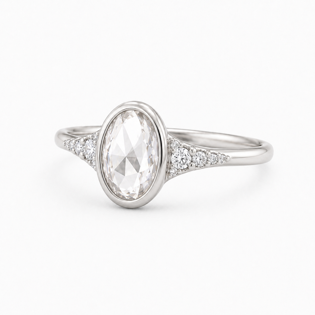 Oval Rose Cut Lab Grown Diamond Ring | 1 CT | Bezel Setting | Graduated Side Accents | Art Deco Vintage Engagement Ring | 14K Gold