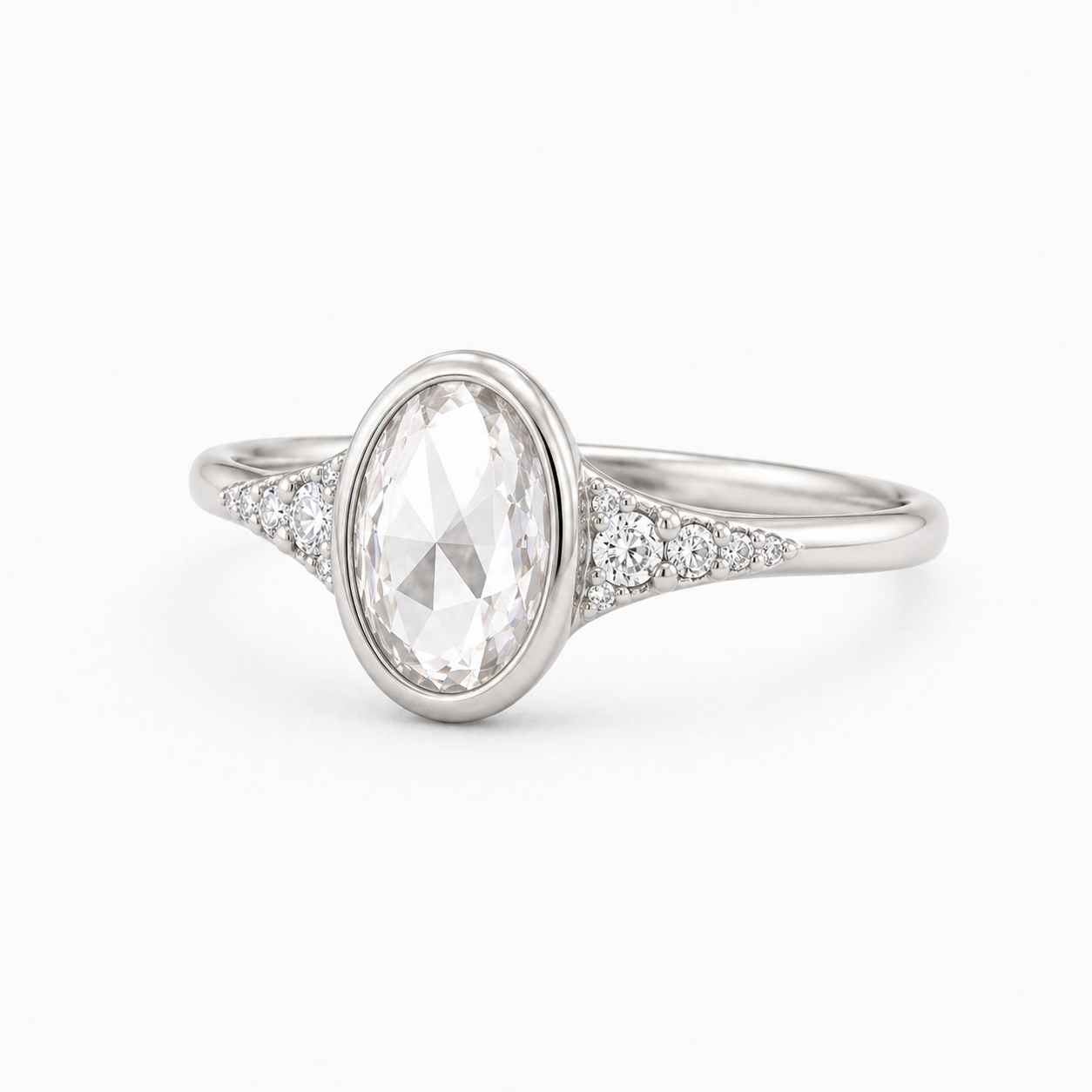 Oval Rose Cut Lab Grown Diamond Ring | 1 CT | Bezel Setting | Graduated Side Accents | Art Deco Vintage Engagement Ring | 14K Gold