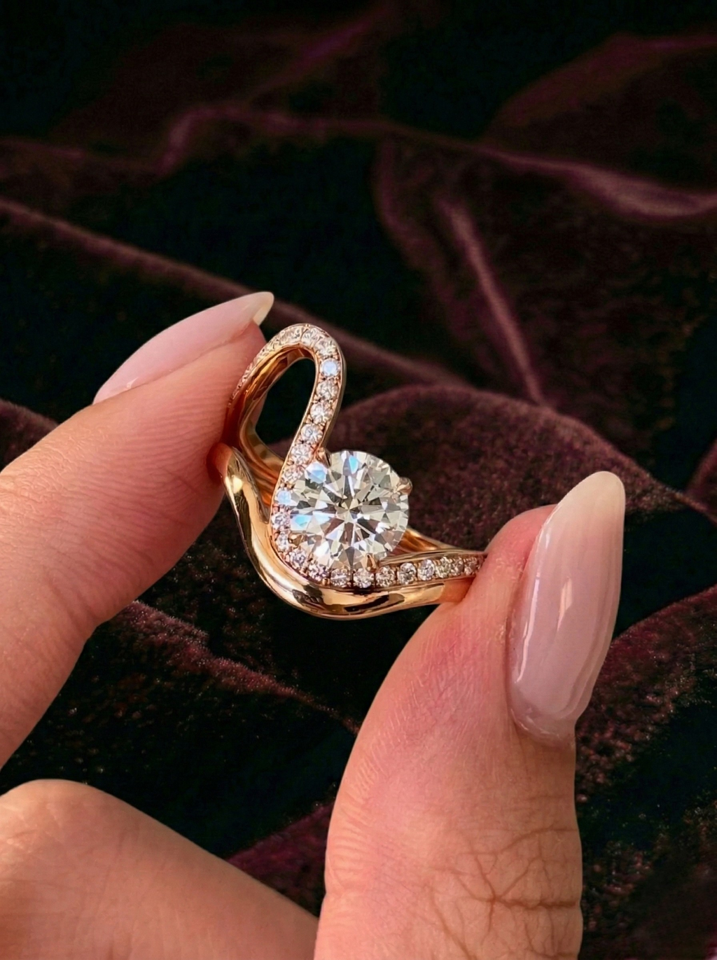 Round Lab Grown Diamond Engagement Ring, Twisted Pavé Diamond Ring, 14K Gold Infinity Style Ring, Unique Halo Diamond Ring