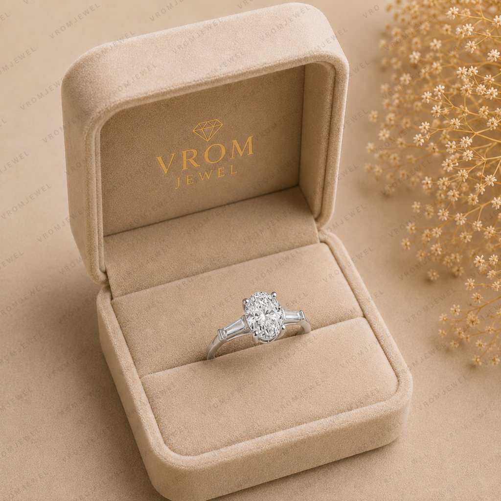 Oval Engagement Ring | Lab Grown Diamond | Tapered Baguette Side Stones | 14K Yellow Gold