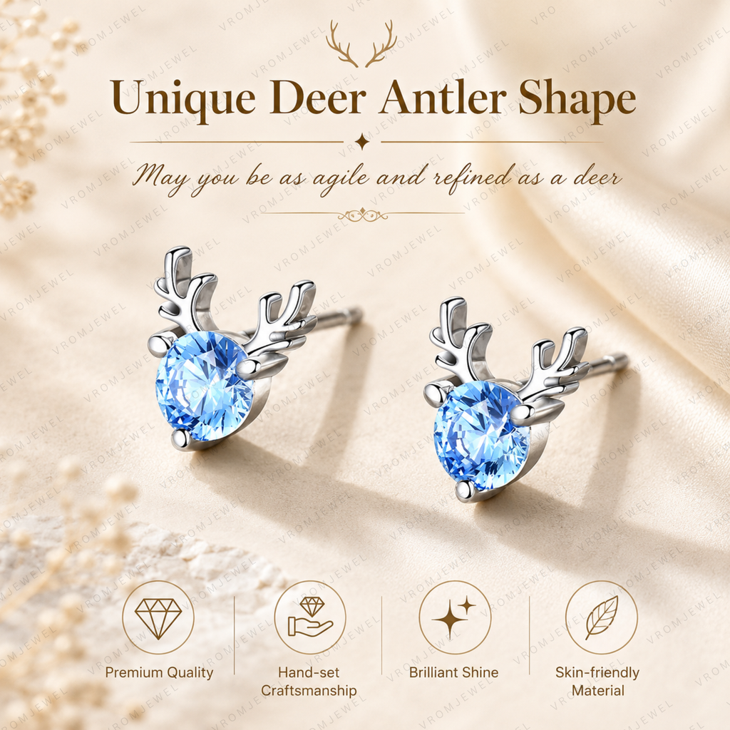 Little Deer Blue Lab Grown Diamond Stud Earrings, Round Blue Diamond Earrings, Deer Antler Gold Studs, Animal Inspired Earrings