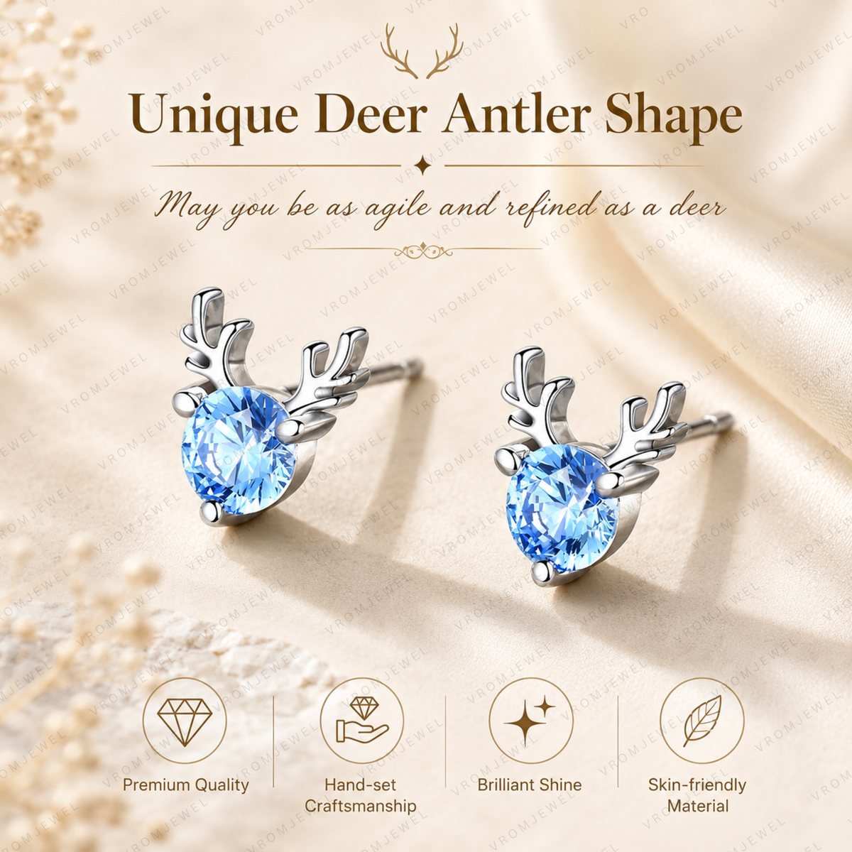 Little Deer Blue Lab Grown Diamond Stud Earrings, Round Blue Diamond Earrings, Deer Antler Gold Studs, Animal Inspired Earrings
