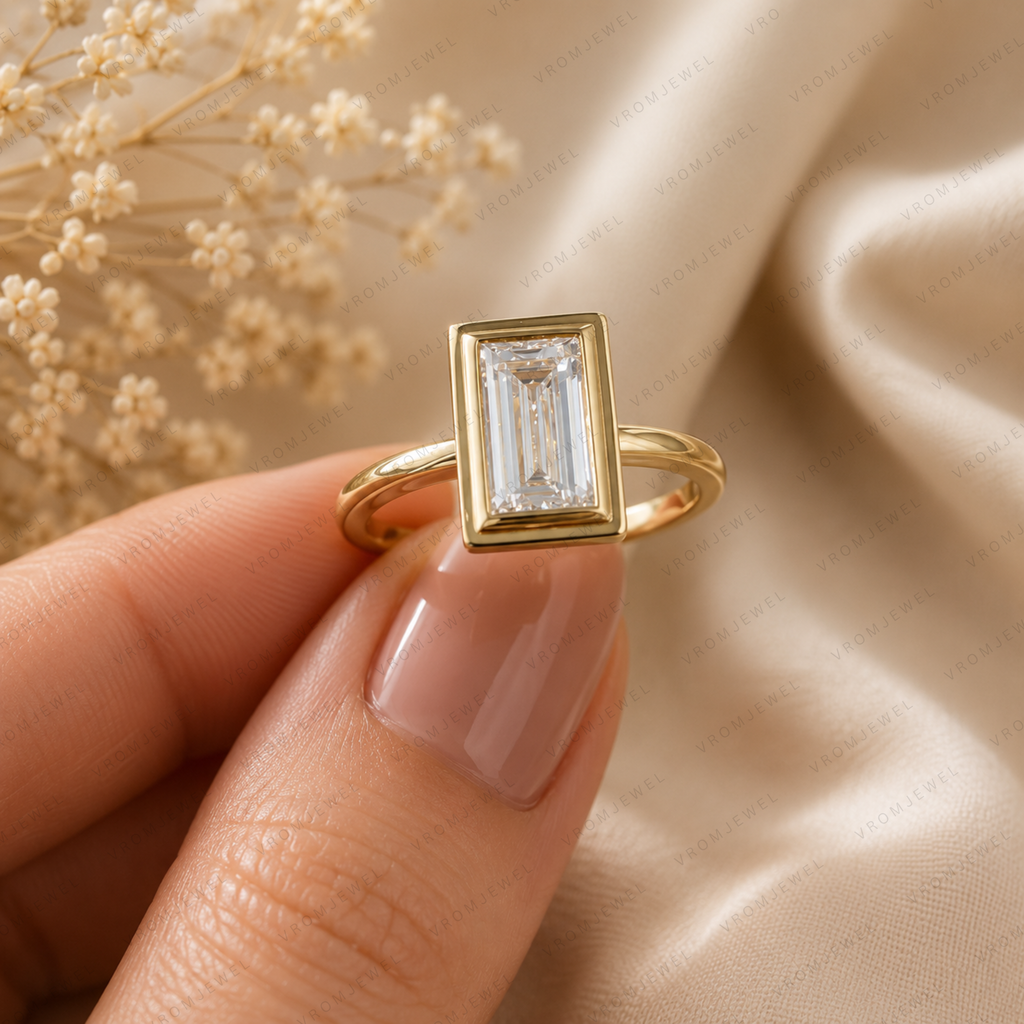 Baguette Cut Lab Diamond Bezel Engagement Ring