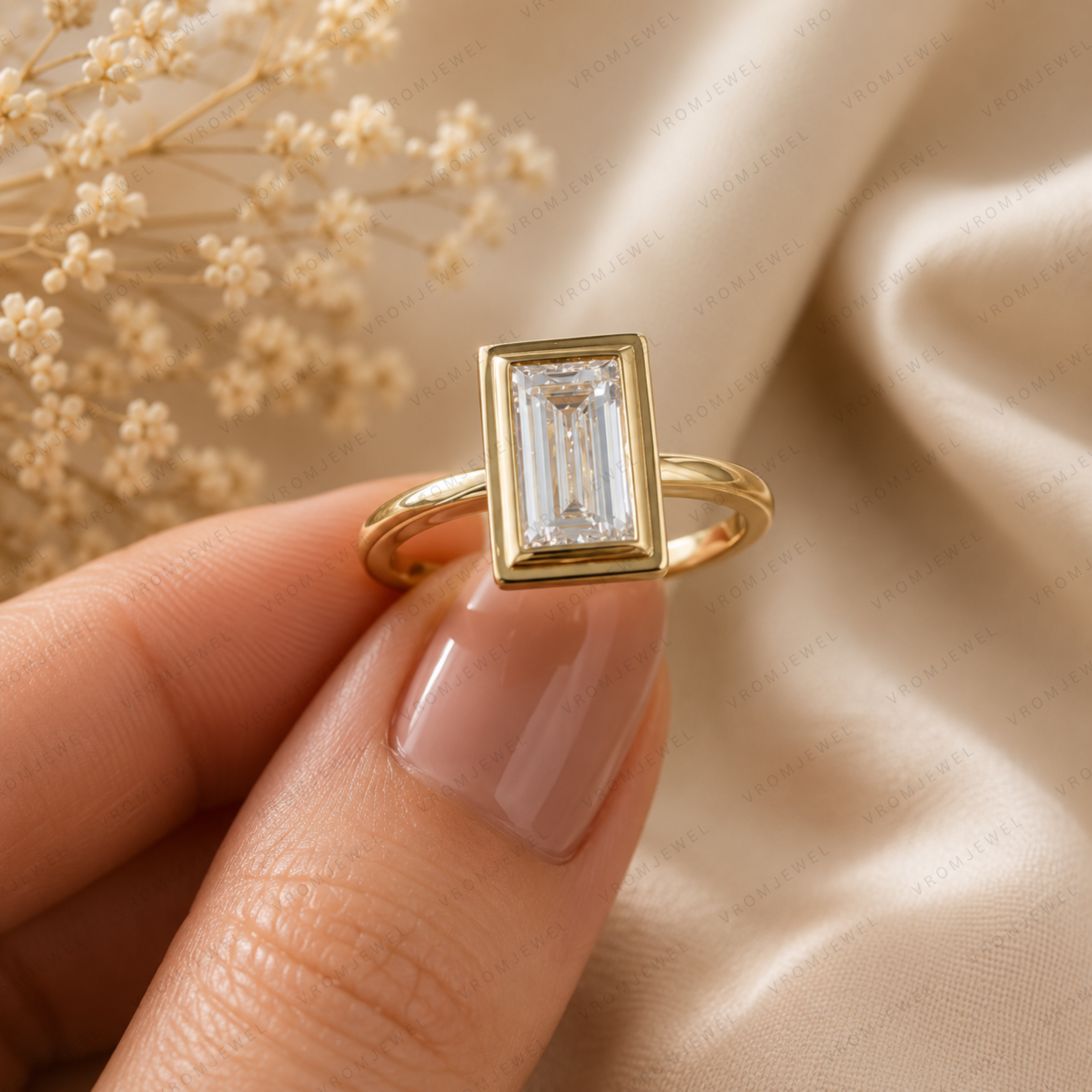 Baguette Cut Lab Diamond Bezel Engagement Ring