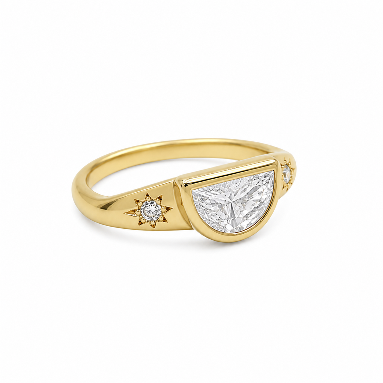 Half Moon Diamond Signet Ring, Modern Lab Grown Diamond Ring, Geometric Gold Signet Ring, Minimal Statement Ring, Unique Diamond Ring