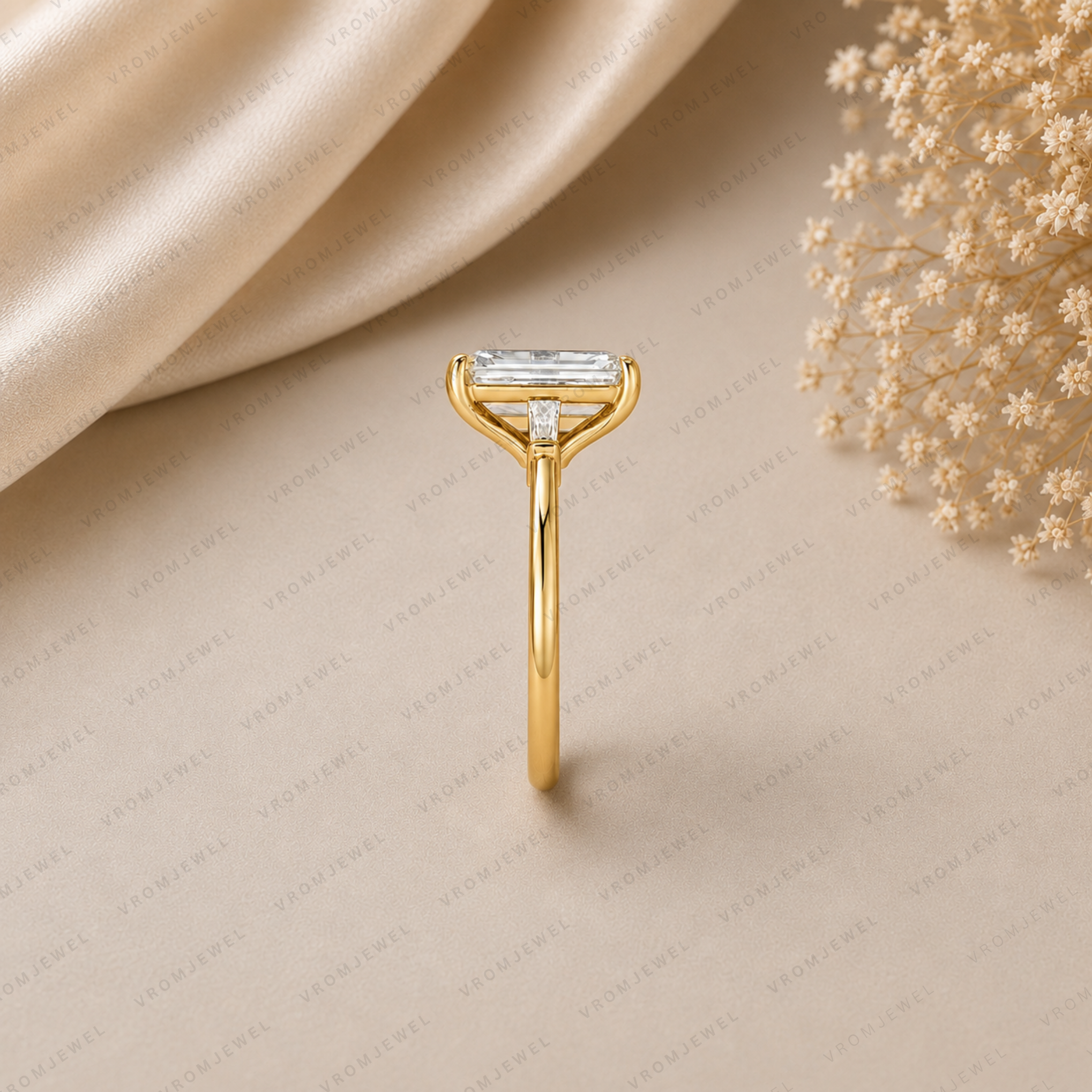 Emerald Cut Lab Grown Diamond Engagement Ring with Tapered Baguette Accents
