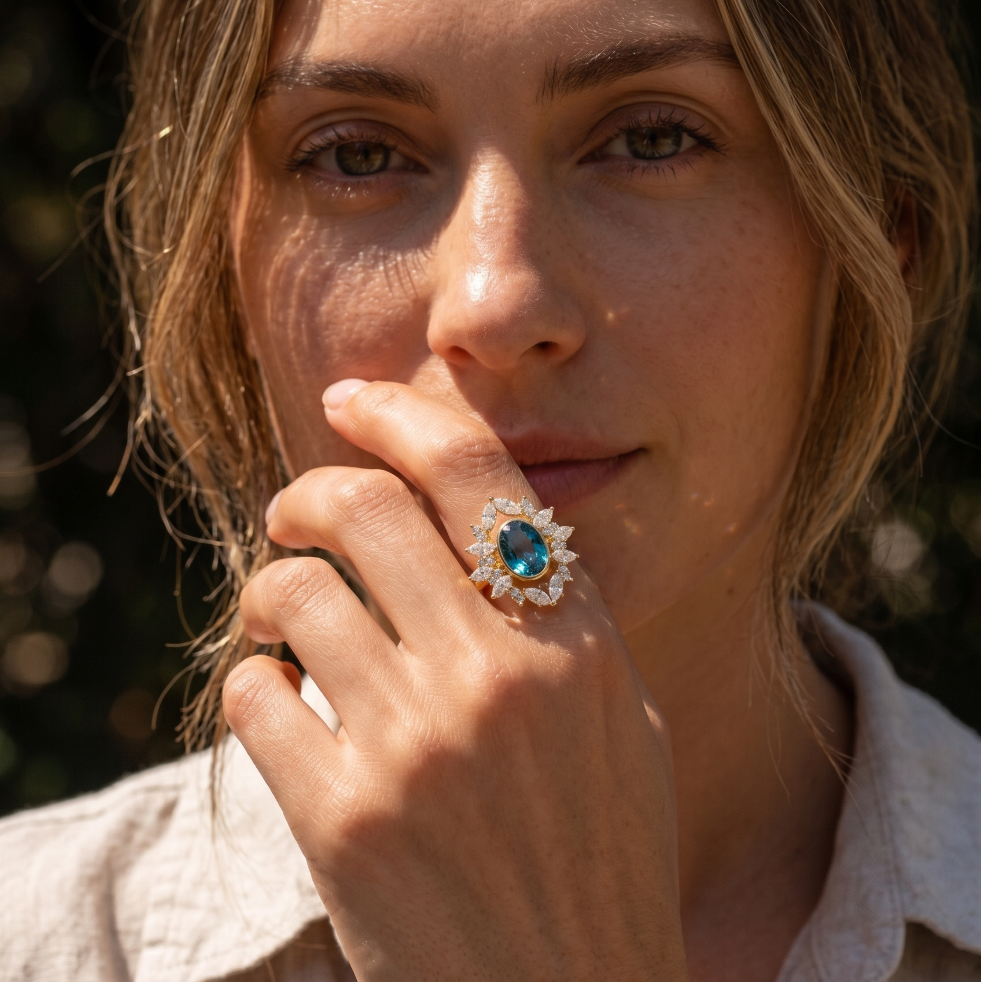 London Blue Topaz Nature Inspired Ring | 3.5 CT Oval Gemstone | Marquise & Round Diamond Halo | Vintage Floral Ring | 14K Gold