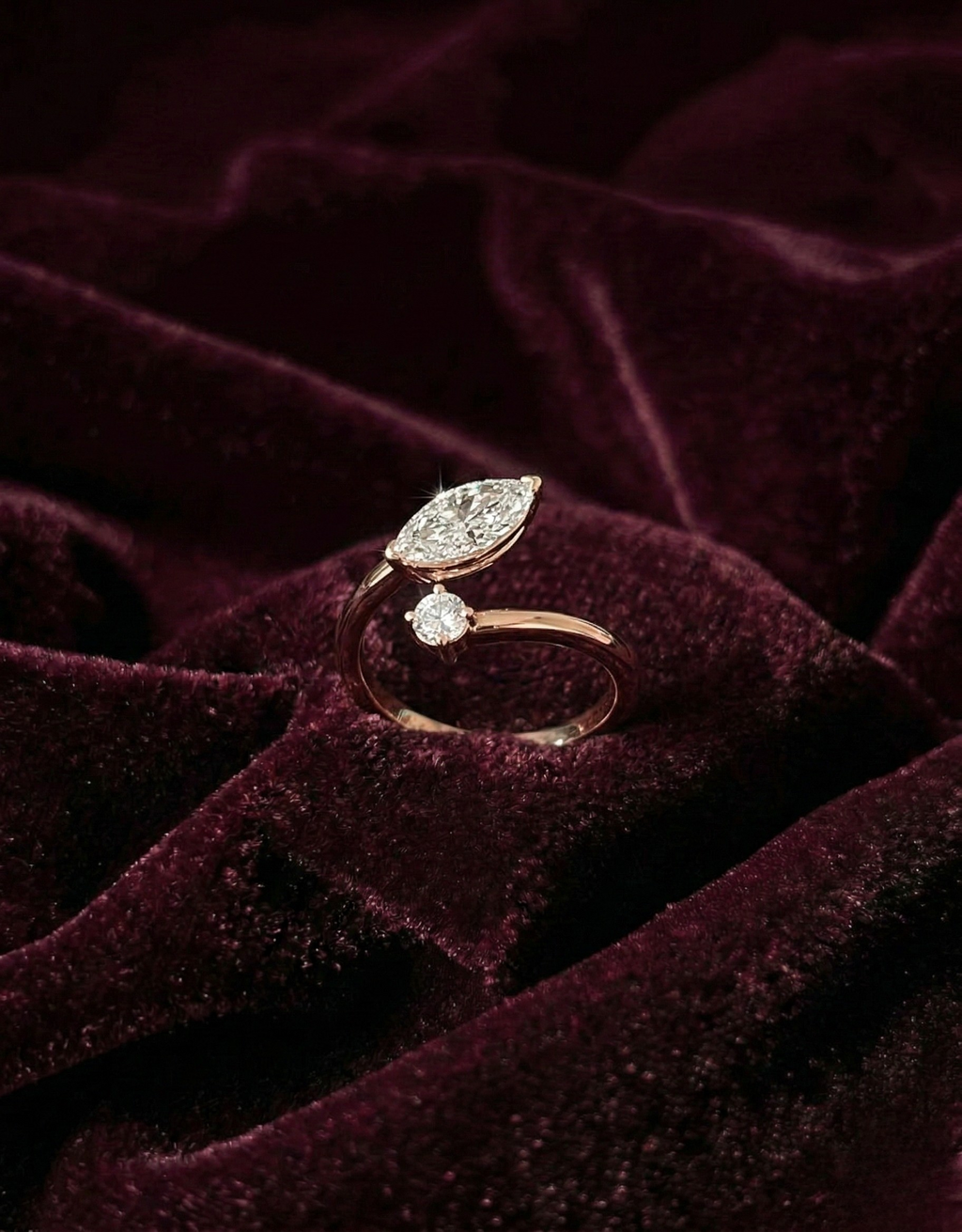 Marquise Lab Grown Diamond Engagement Ring with Round Accent Diamond, Modern Open Diamond Ring, 14K Yellow Gold Statement Ring