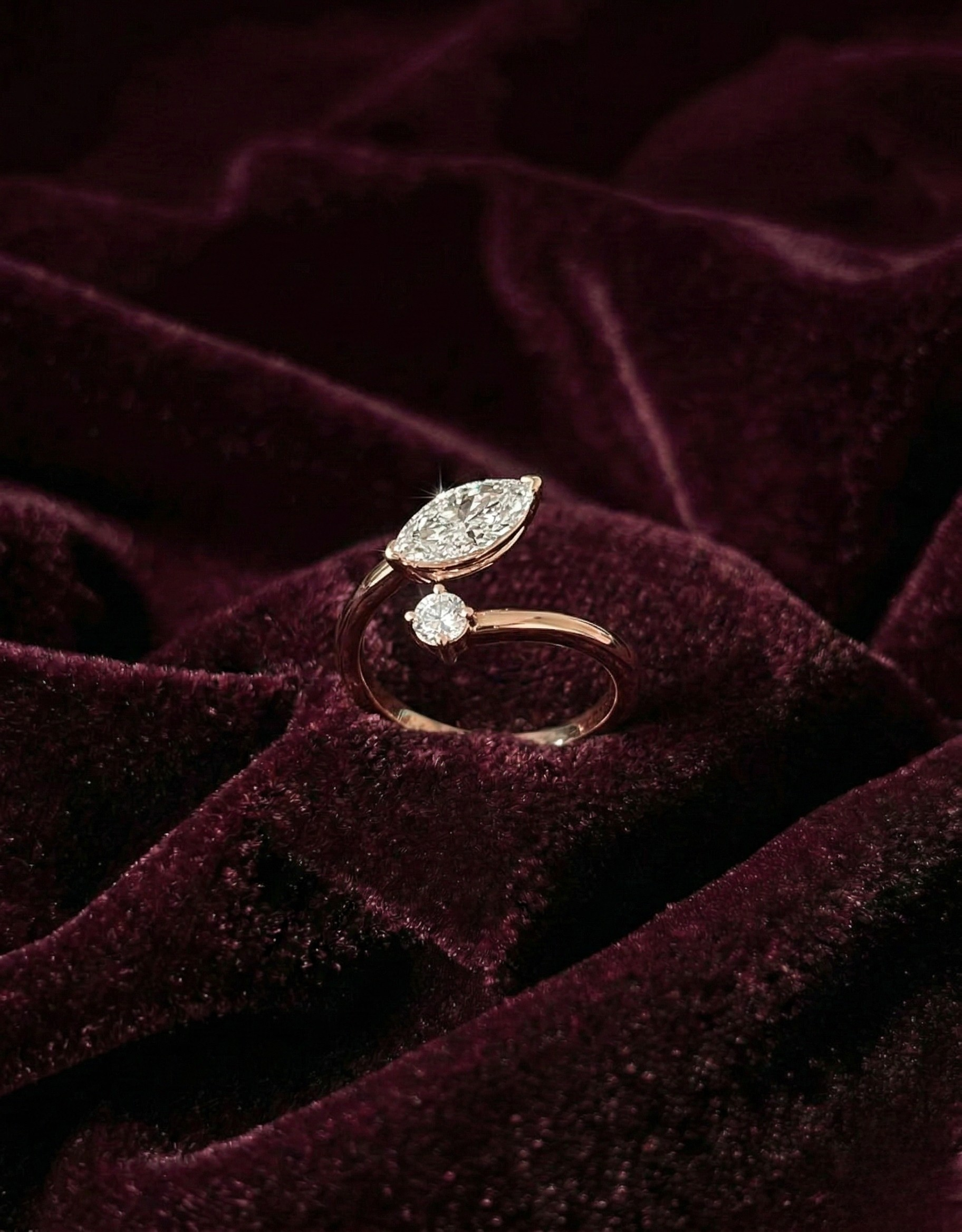 Marquise Lab Grown Diamond Engagement Ring with Round Accent Diamond, Modern Open Diamond Ring, 14K Yellow Gold Statement Ring