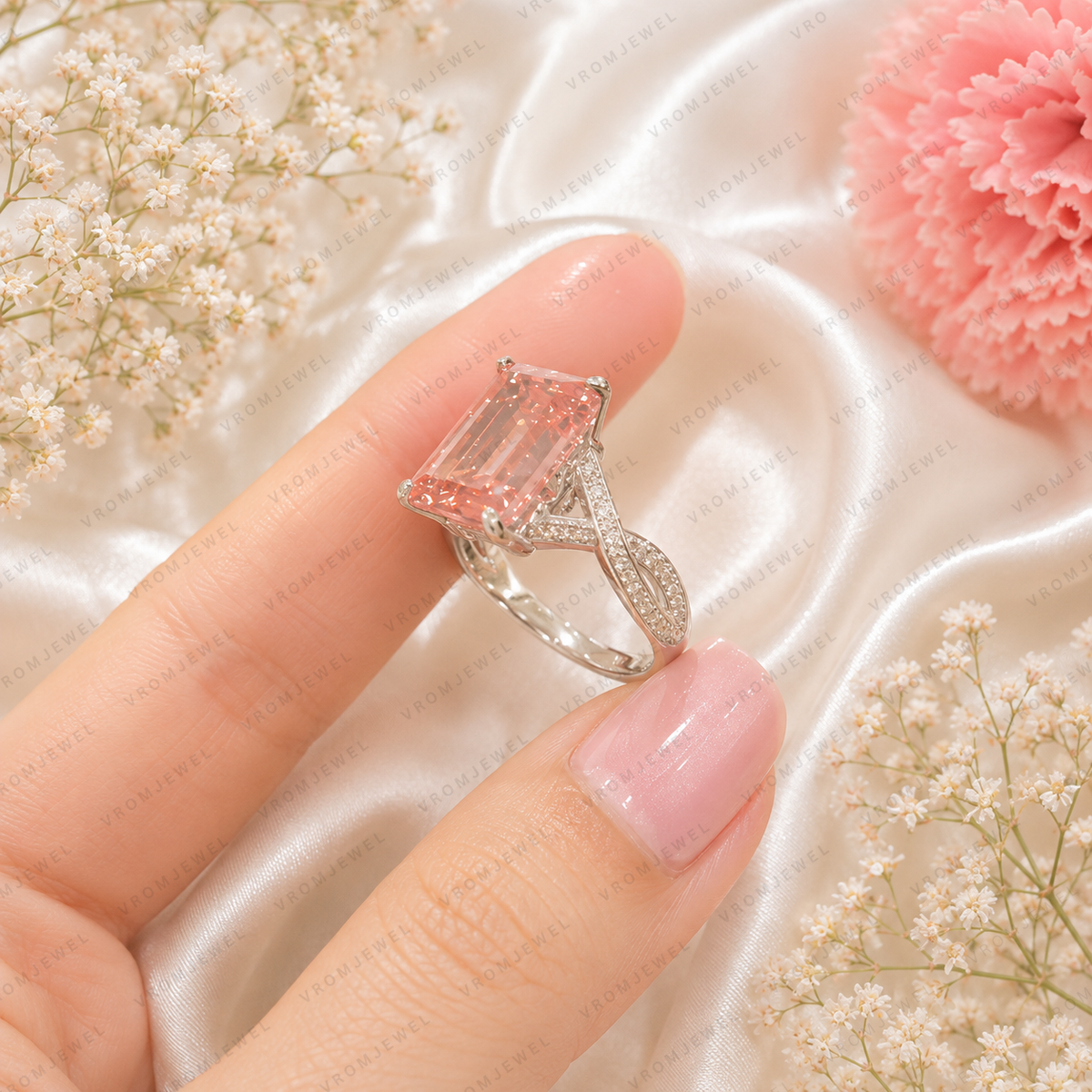 Pink Emerald Cut Lab Grown Diamond Engagement Ring, Halo Diamond Ring, Pink Diamond Ring, Pavé Band, 4 Prong Setting, 10K 14K 18K Gold