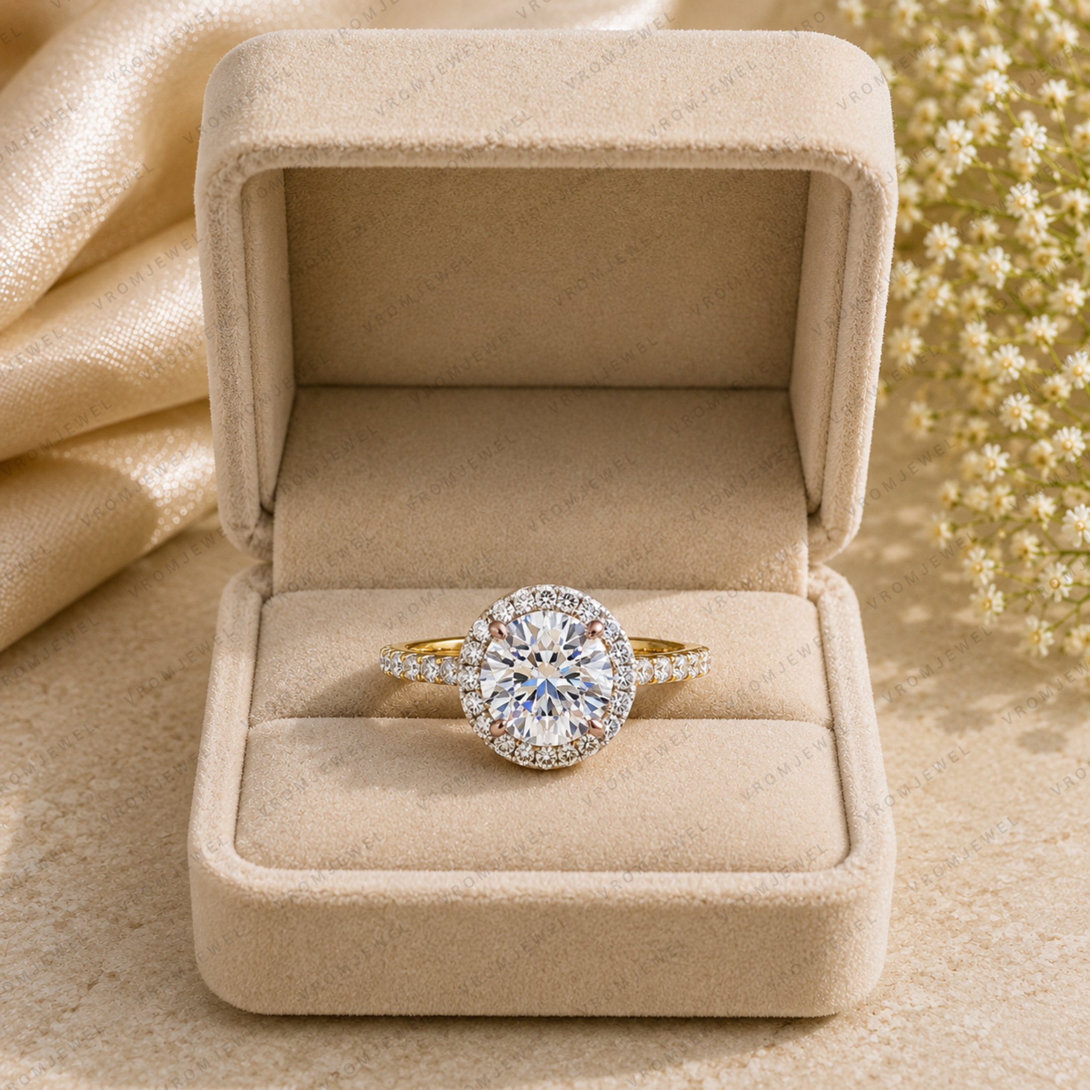 Round Shape Lab Grown Diamond Halo Engagement Ring in Solid 14K Gold