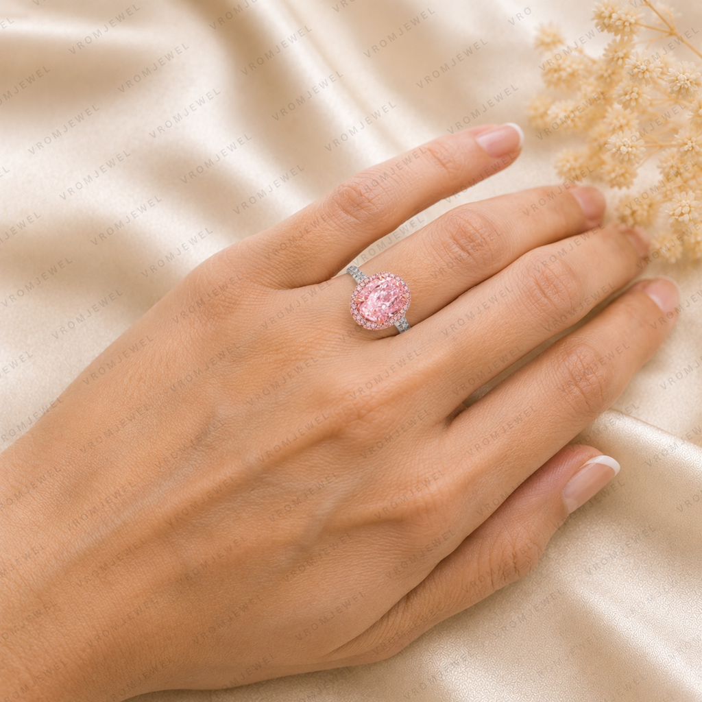 5 Carat Pink Oval Lab Grown Diamond Halo Engagement Ring, Oval Diamond Ring, IGI Certified, 10K 14K 18K Gold