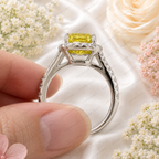 3.00 Carat Yellow Cushion Lab Grown Diamond Ring, Yellow Diamond Engagement Ring, Diamond Halo Ring, Pavé Band, Statement Ring, 10K 14K 18K
