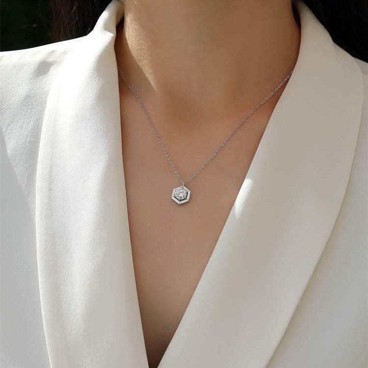 Modern Hexagon Style Round Pendant Necklace | Lab Grown Diamond | 14K Yellow Gold Elegant Style