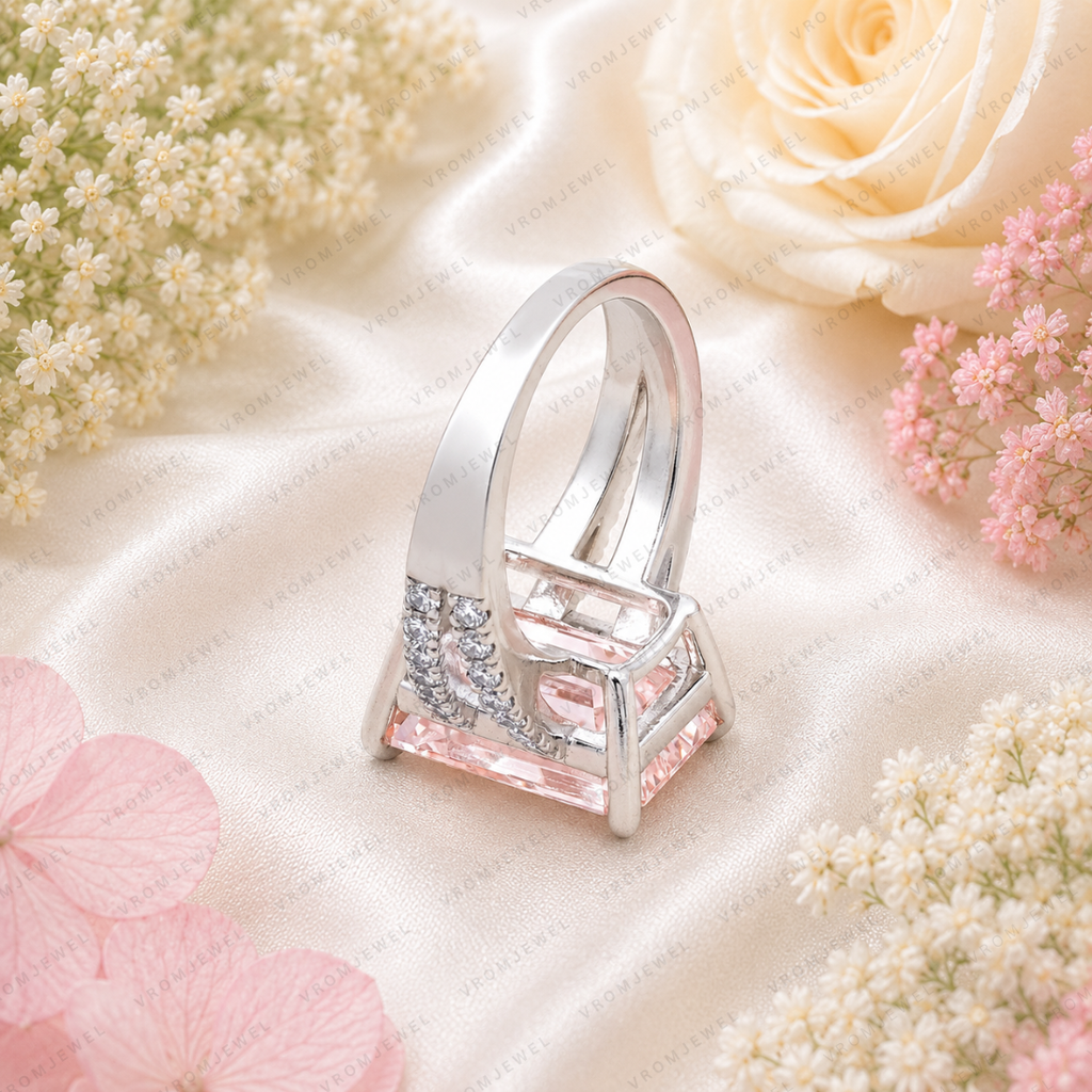 Pink Emerald Cut Lab Grown Diamond Engagement Ring, Split Shank Diamond Ring, Pink Diamond Ring, Pavé Setting, 10K 14K 18K Gold