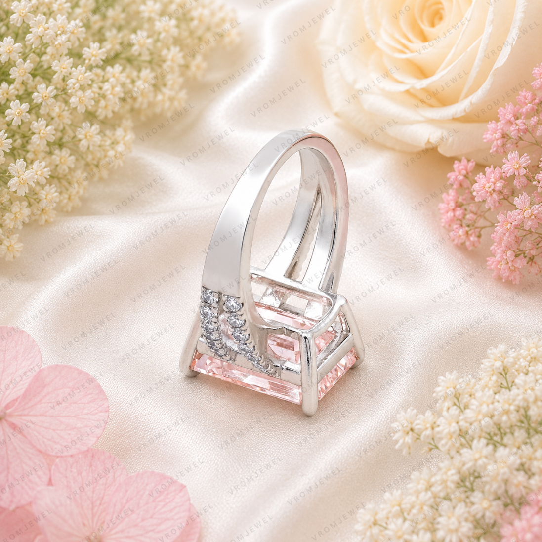 Pink Emerald Cut Lab Grown Diamond Engagement Ring, Split Shank Diamond Ring, Pink Diamond Ring, Pavé Setting, 10K 14K 18K Gold