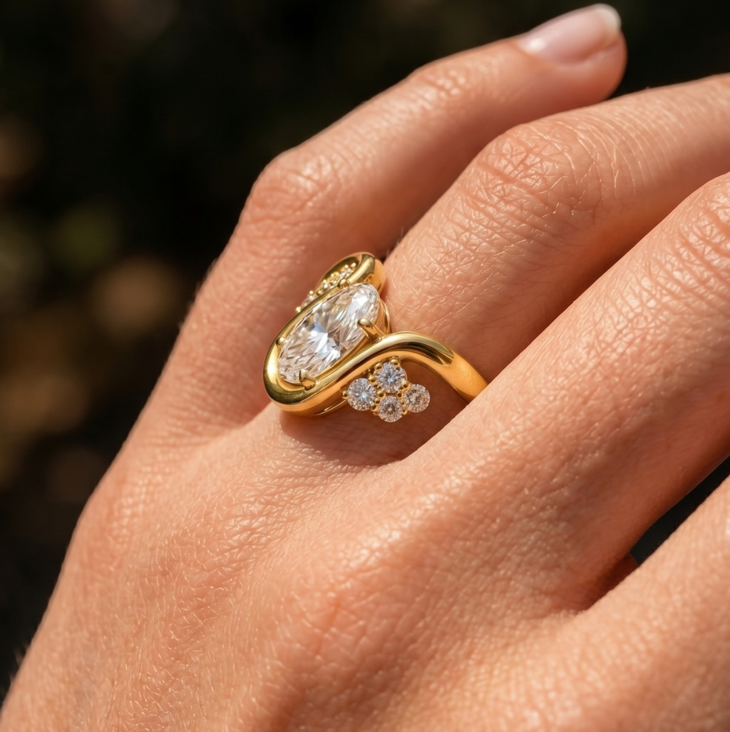 Oval Cut Lab Grown Diamond Ring | 1 CT IGI Certified | Graduated Accent Wrap Design | Modern Engagement Ring | 14K Gold