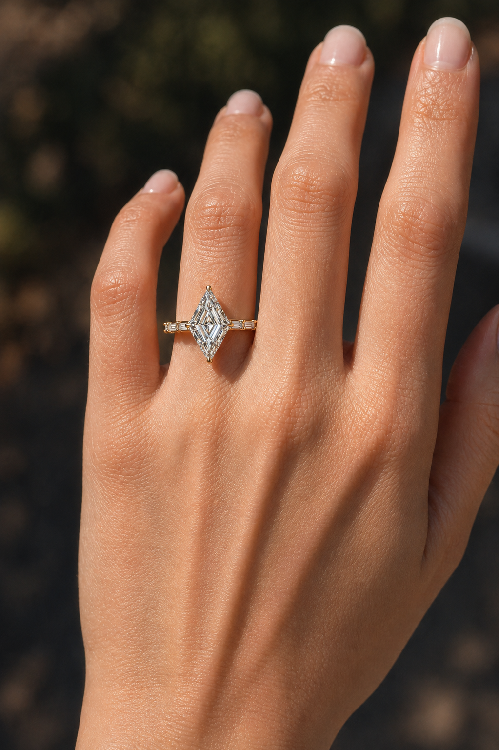Lozenge Shape Lab Grown Diamond Ring | 2 CT | Baguette Pave Band | Geometric Modern Engagement Ring | 14K Gold