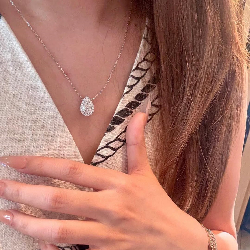 Dainty Pear Halo Pendant Necklace | Lab Grown Diamond | 14K Yellow Gold