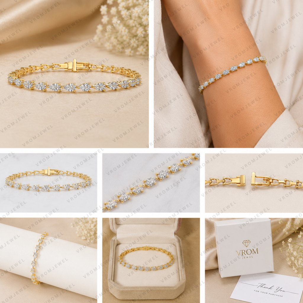 5.60ct Pear Cut Lab Grown Diamond Tennis Bracelet: 14k Gold Bridal Jewelry