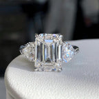 Emerald Cut Three Stone Ring Heart Shape Side Stones | Lab Grown Diamond | 14K Yellow Gold