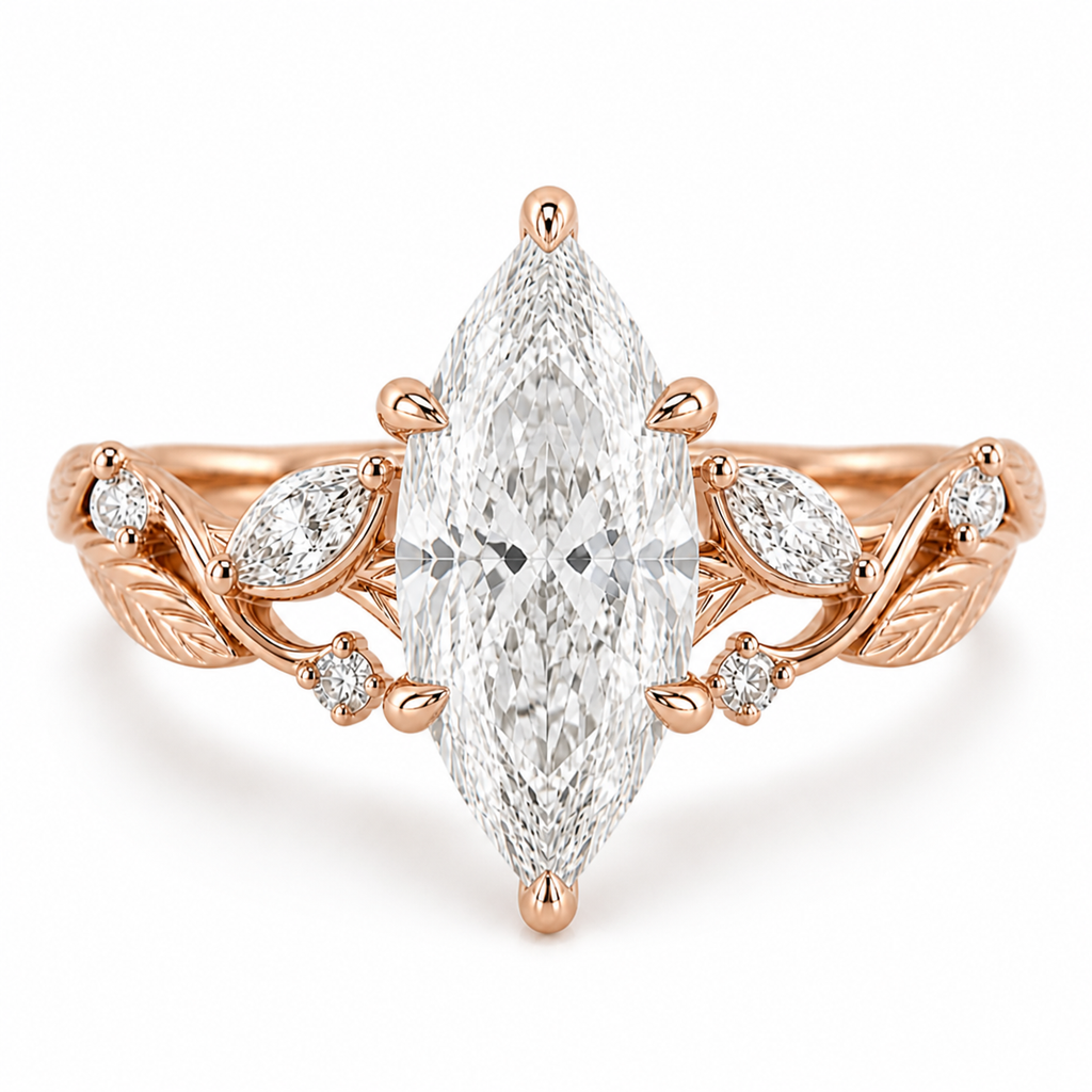Marquise Diamond Nature Inspired Ring, Marquise Lab Grown Diamond Ring, Floral Diamond Engagement Ring, Leaf Inspired Gold Ring, Unique Ring