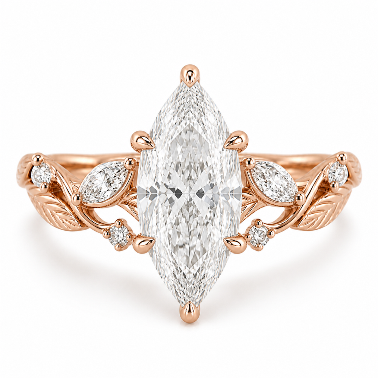 Marquise Diamond Nature Inspired Ring, Marquise Lab Grown Diamond Ring, Floral Diamond Engagement Ring, Leaf Inspired Gold Ring, Unique Ring