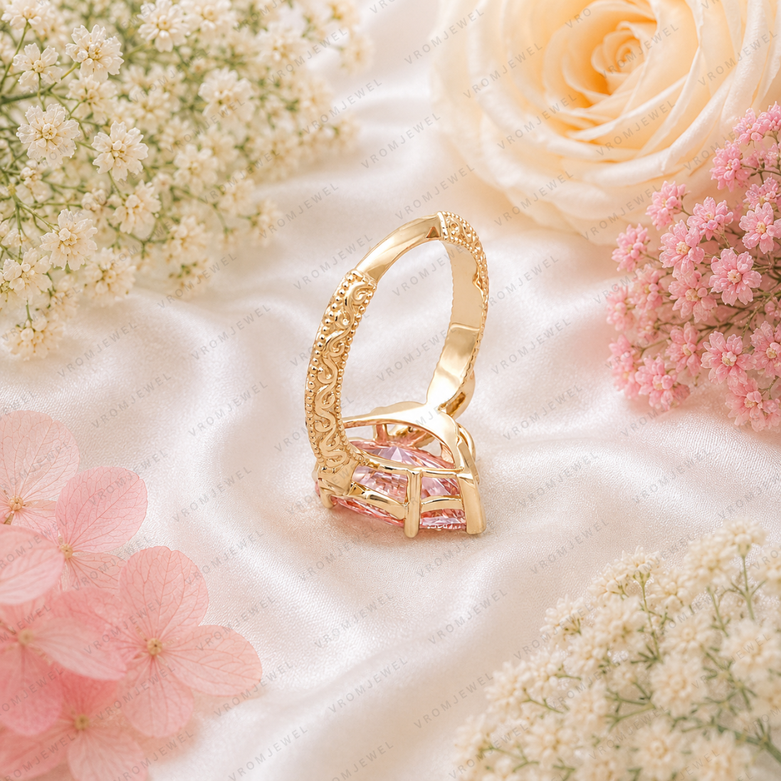 Pink Marquise Lab Grown Diamond Engagement Ring, Vintage Floral Halo Ring, Pavé Diamond Ring, 10K 14K 18K Gold