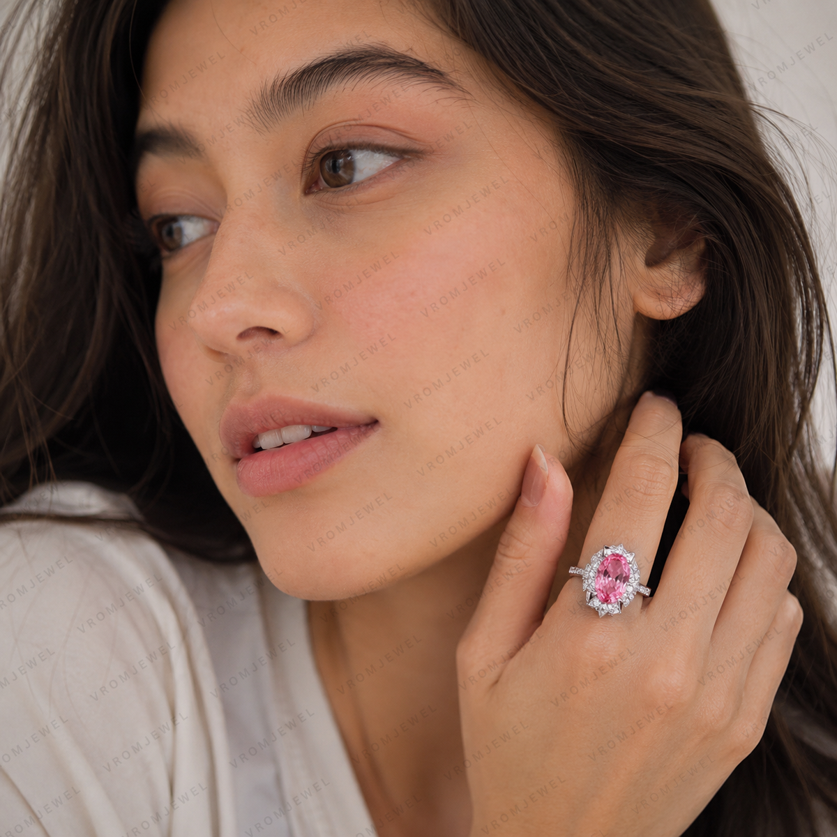 Pink Oval Lab Grown Diamond Engagement Ring, 2.50 Carat Pink Diamond Ring, Floral Halo Ring, Diamond Accent Band, Statement Ring, 10K 14K