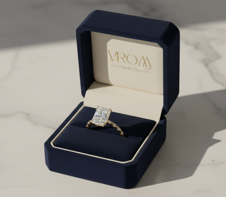 3CT Radiant Cut Solitaire Ring with Marquise Accent | Lab Grown Diamond | 14K Yellow Gold