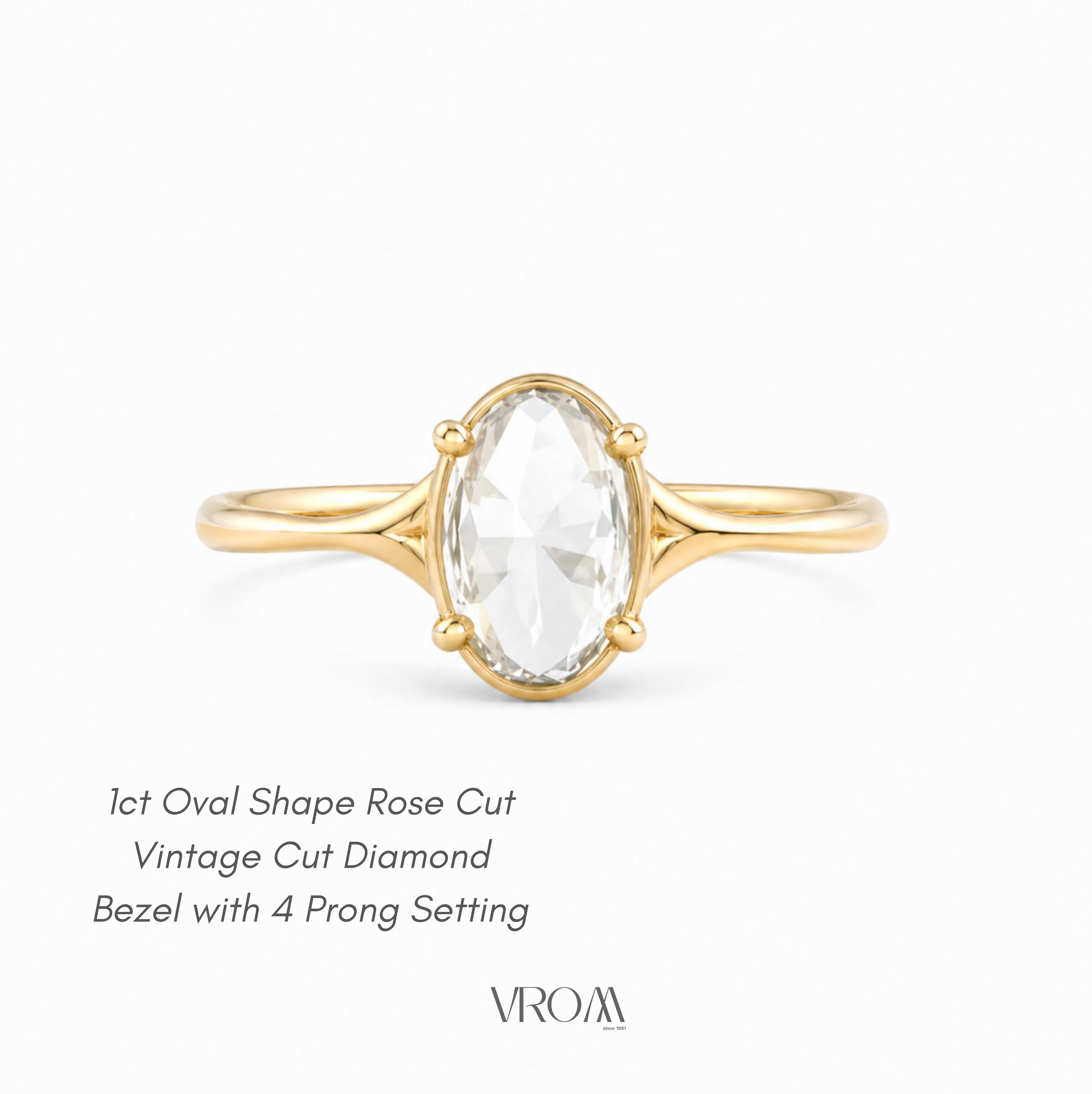 Oval Rose Cut Lab Grown Diamond Ring | 1 CT | Bezel with 4 Prong Setting | Vintage Style Engagement Ring | 14K Gold