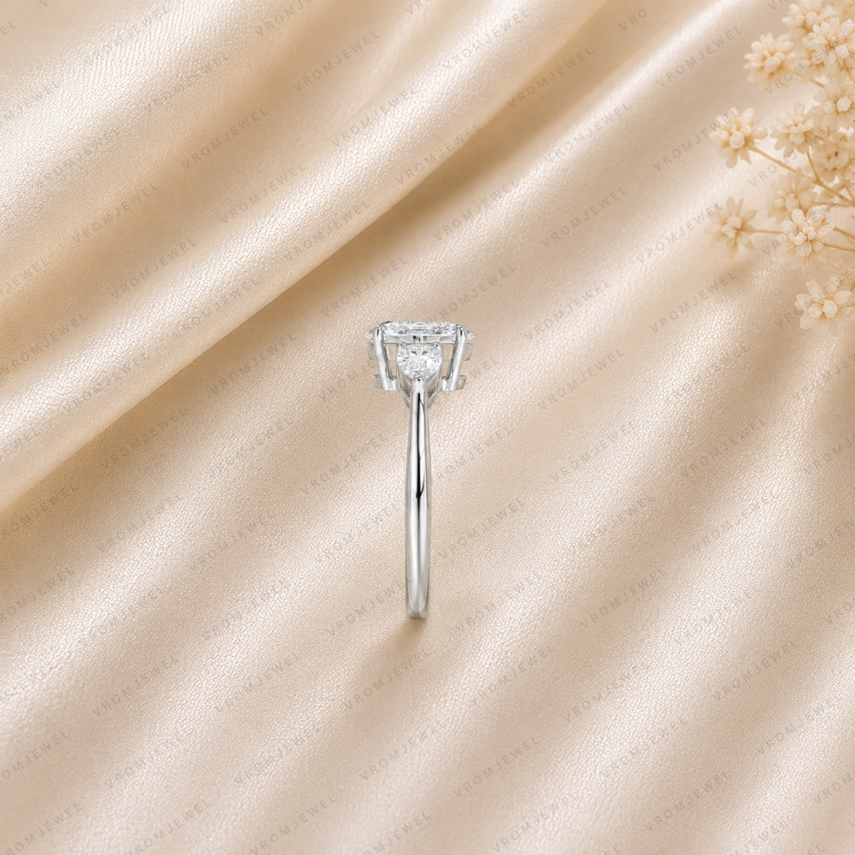 Oval Engagement Ring | Lab Grown Diamond | Pear Side Stones | Prong Set | 14K Yellow Gold