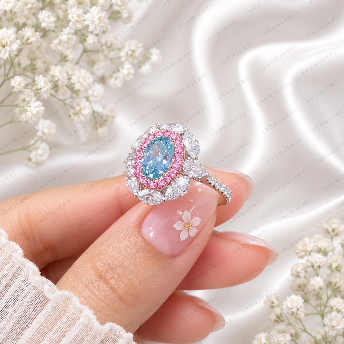 Blue Oval Lab Grown Diamond Ring, 1.30 Carat Blue Diamond Engagement Ring, Pink Round & F Color Marquise Accents, Floral Halo Ring