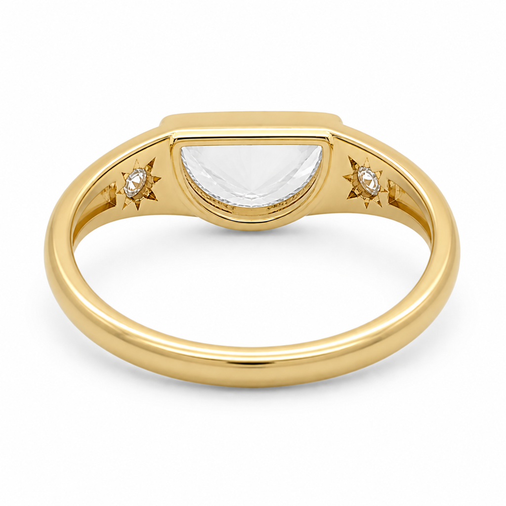 Half Moon Diamond Signet Ring, Modern Lab Grown Diamond Ring, Geometric Gold Signet Ring, Minimal Statement Ring, Unique Diamond Ring