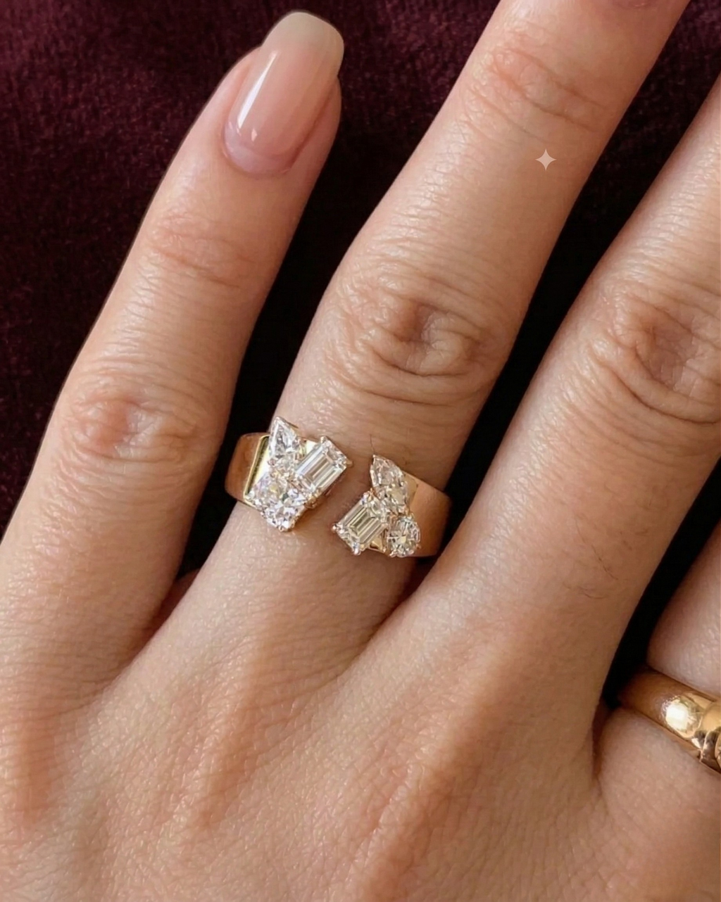 Mixed Shape Diamond Open Band Ring, Radiant Emerald Pear Marquise Diamond Ring, Multi Shape Diamond Statement Ring, Unique Diamond Open Ring