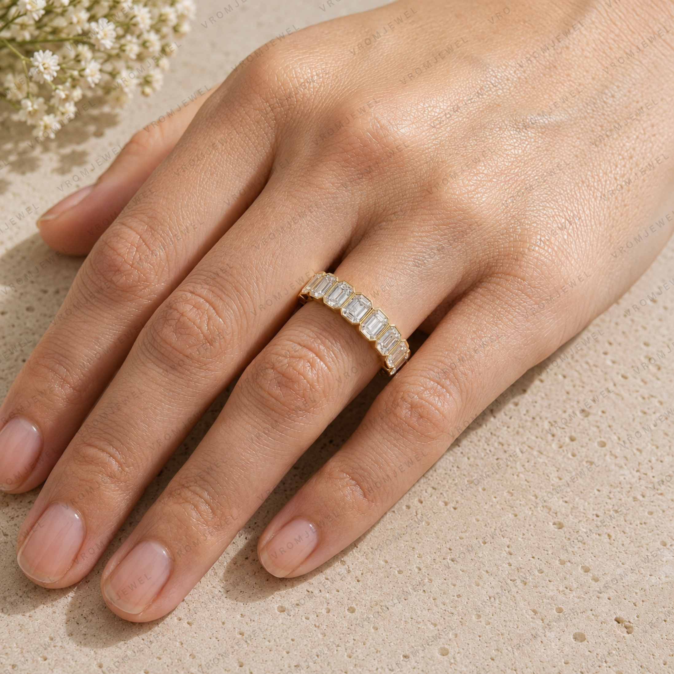 Emerald Cut Lab Grown Diamond Bezel Set Bridal Ring in Solid 14K Gold