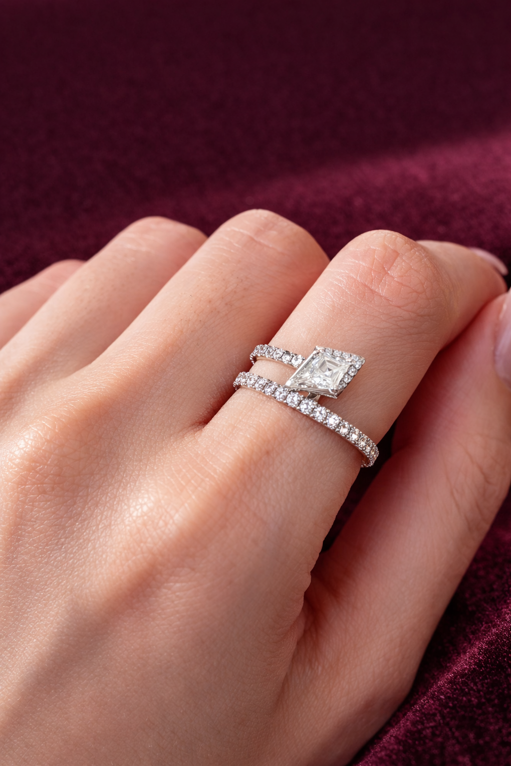 Kite Shape Lab Grown Diamond Engagement Ring, Kite Diamond Halo Ring, Geometric Diamond Bypass Ring, Unique Modern Proposal Ring, Gift Her