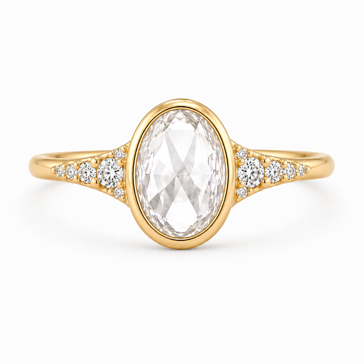 Oval Rose Cut Lab Grown Diamond Ring | 1 CT | Bezel Setting | Graduated Side Accents | Art Deco Vintage Engagement Ring | 14K Gold