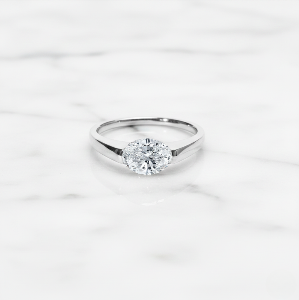 Modern Oval Cut East West Ring | Lab Grown Diamond | 14K Yellow Gold Sleek Style