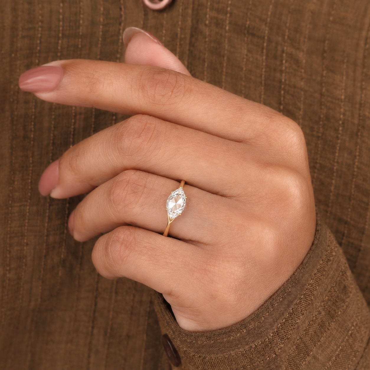 East West Marquise Rose Cut Lab Grown Diamond Ring | 1 CT | Minimalist Thin Band | Modern Solitaire Ring