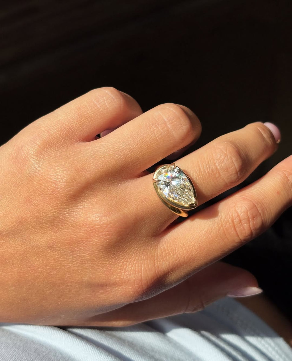 Unique Twist Bending Style Pear Engagement Ring | Lab Grown Diamond | 14K Yellow Gold