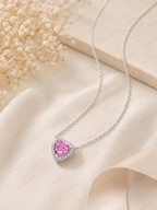 Pink Heart Lab Grown Diamond Necklace, Heart Halo Pendant Necklace, Pink Diamond Necklace, Solid Gold Heart Necklace, Romantic Gift for Her
