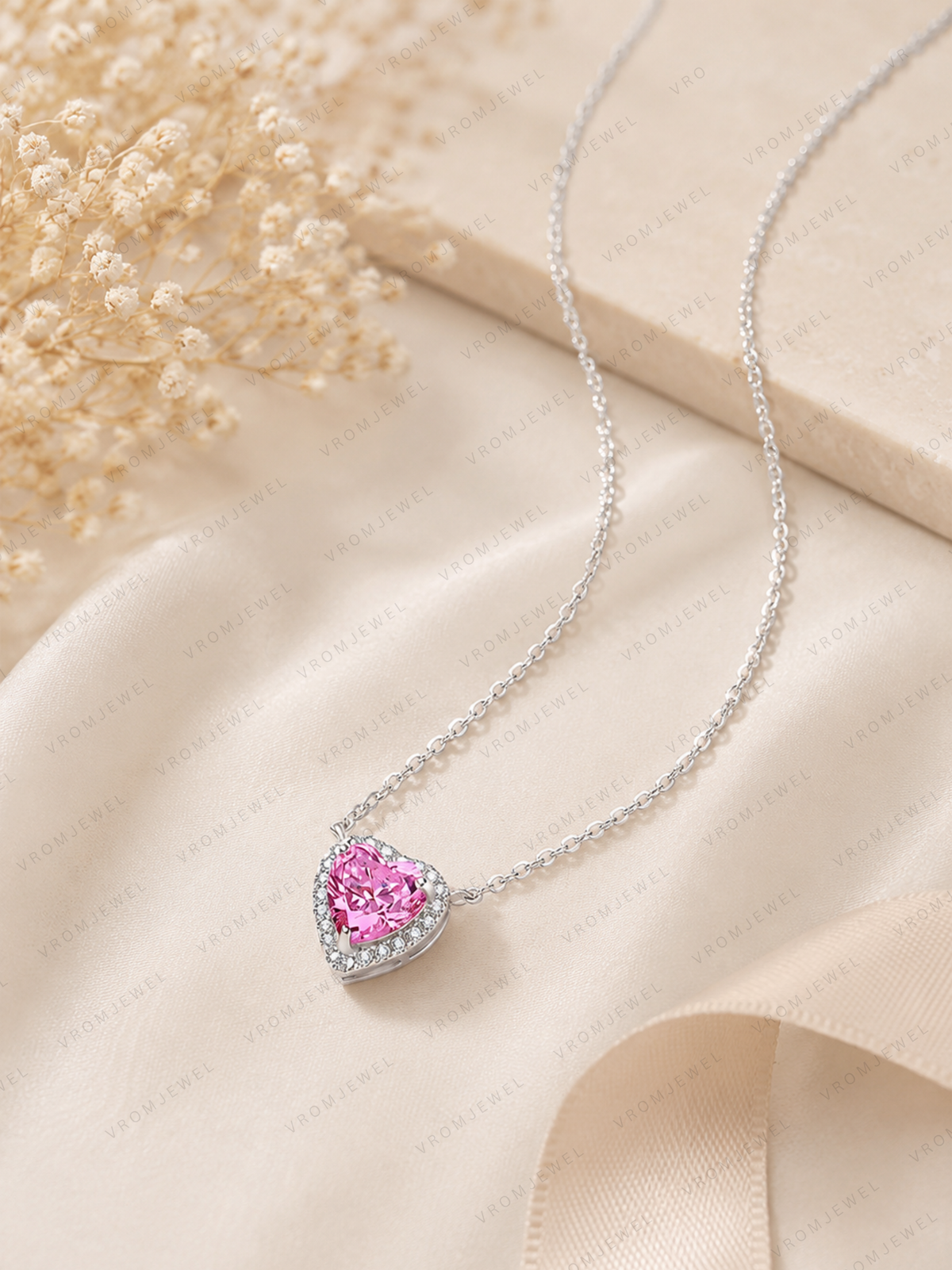 Pink Heart Lab Grown Diamond Necklace, Heart Halo Pendant Necklace, Pink Diamond Necklace, Solid Gold Heart Necklace, Romantic Gift for Her