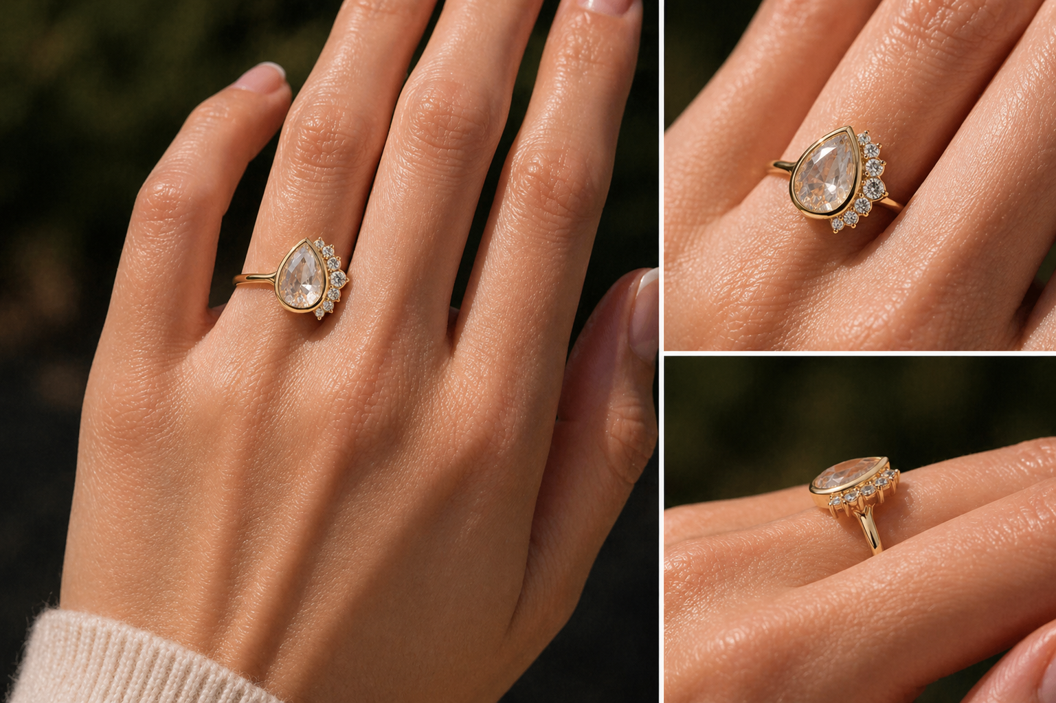 Pear Shape Rose Cut Lab Grown Diamond Ring | 1 CT | Nature Inspired Design | Bezel Setting with Graduated Accents | 14K Gold