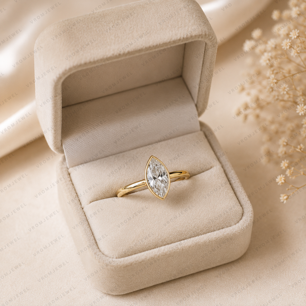 Marquise Cut Lab Grown Diamond Bezel Set Solitaire Ring in Solid 14K Gold