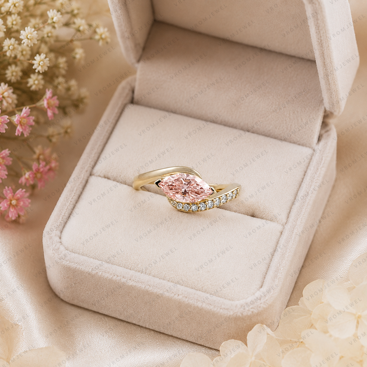 Pink Marquise Lab Grown Diamond Engagement Ring, Minimalist Crossover Ring, Pavé Diamond Band, Dainty Wedding Ring, 10K 14K 18K Gold