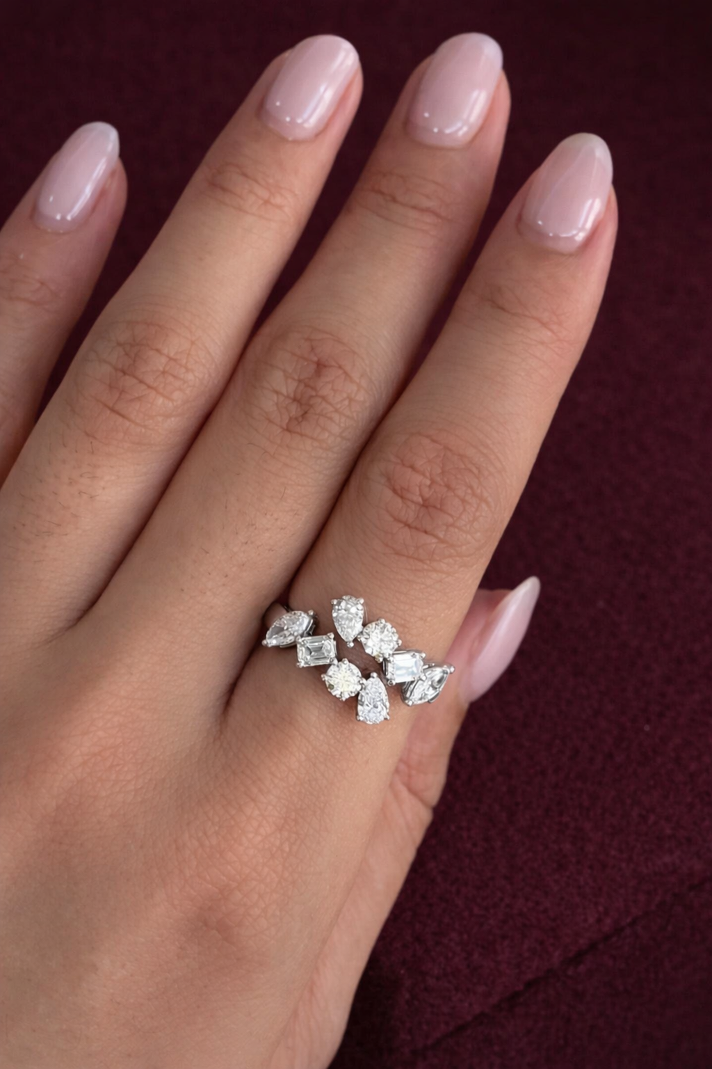 Mixed Shape Diamond Cluster Ring, Marquise Pear Emerald Round Diamond Ring, Unique Diamond Statement Ring, Modern Cluster Engagement Ring